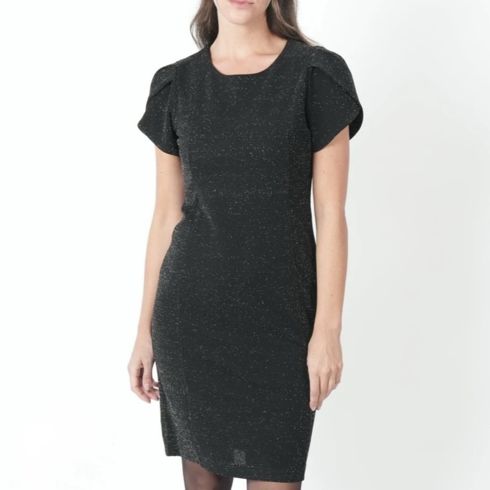 Calvin Klein Black Glitter Tulip‎ Sleeve Stretch Sheath Dress Wedding Cocktail 6